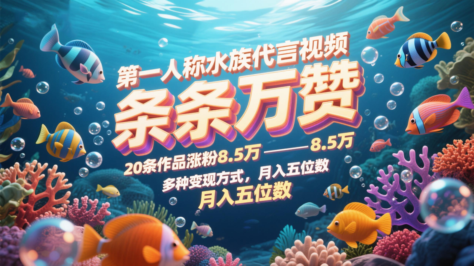 第一人称水族代言视频,条条万赞,20条作品涨粉8.5万,多种变现方式月,入五位数-致富学堂