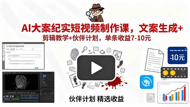 (15992期)AI大案纪实短视频制作课,文案生成+剪辑教学+伙伴计划,单条收益7-10元-致富学堂