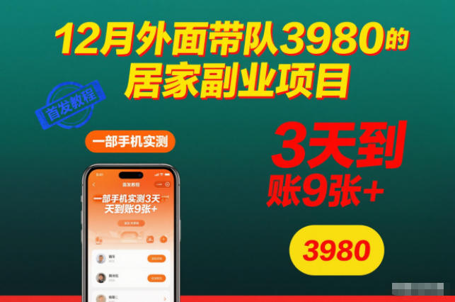 12月外面带队3980的居家副业项目,一部手机实测3天到账9张+,首发教程【揭秘】-致富学堂