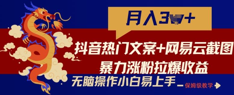 抖音热门文案+网易云截图暴力涨粉拉爆收益玩法，小白无脑操作，简单易上手【揭秘】-致富学堂