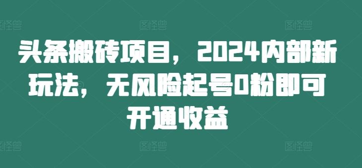 头条搬砖项目，2024内部新玩法，无风险起号0粉即可开通收益-致富学堂