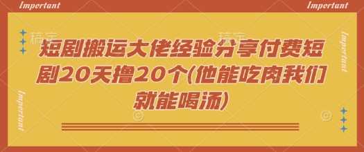 短剧搬运大佬经验分享付费短剧20天撸20个(他能吃肉我们就能喝汤)-致富学堂