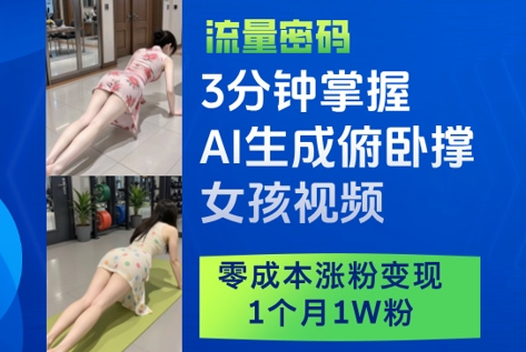 3分钟掌握AI生成俯卧撑女孩视频，零成本涨粉变现，1个月1W粉-致富学堂