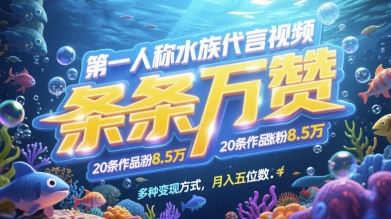 第一人称水族代言视频，条条万赞，20条作品涨粉7.8W，多种变现方式月入五位数-致富学堂