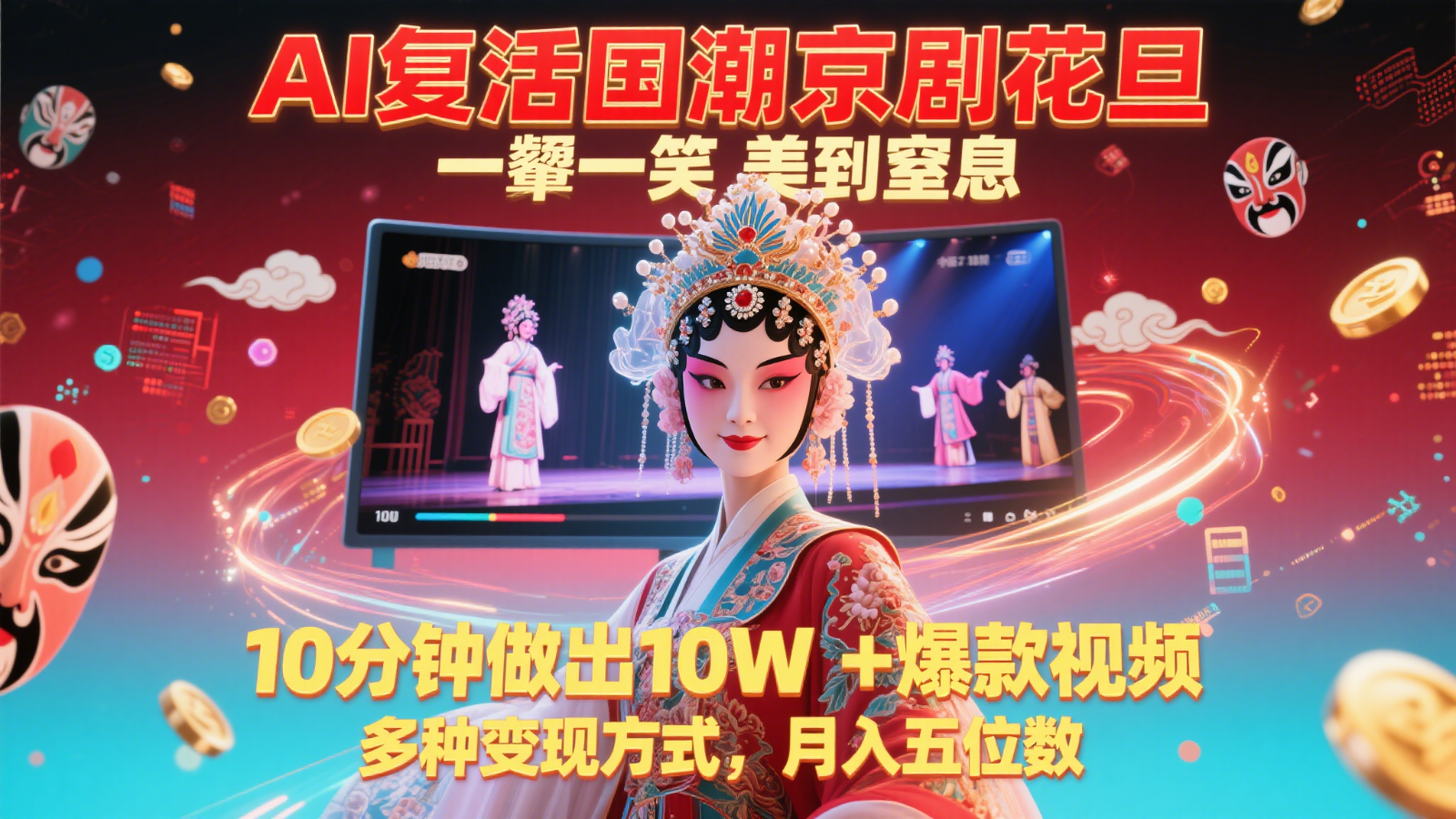 AI复活国潮京剧花旦，一颦一笑美到窒息，10分钟做出10W+爆款视频，多种变现方式-致富学堂