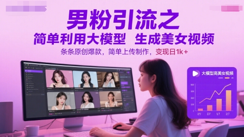 男粉引流之简单利用大模型生成美女视频，条条原创爆款，简单上传制作，变现日1k+-致富学堂