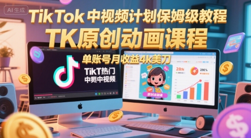 TikTok中视频计划保姆级教程，TK原创动画课程，单账号月收益4k美刀-致富学堂