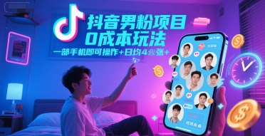 抖音男粉项目0成本玩法，一部手机即可操作，日均4张+，时间自由-致富学堂