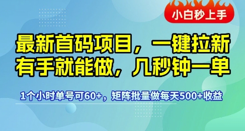 最新首码项目，一键拉新有手就能做，几秒钟一单，1个小时单号可60+，矩阵批量做每天5张【揭秘】-致富学堂