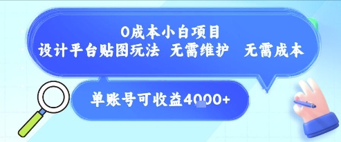 0成本小白项目，设计平台贴图玩法，无需维护，无需成本，单账号单月可产生收益4k+-致富学堂