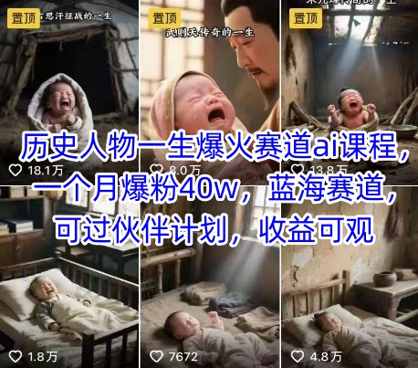 历史人物一生爆火赛道ai课程，一个月爆粉40w，蓝海赛道，可过伙伴计划，收益可观-致富学堂