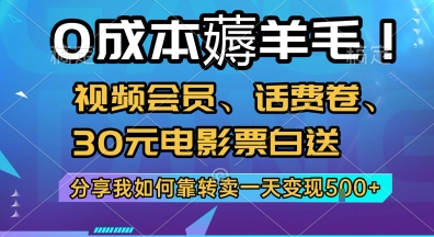0成本薅羊毛!视频会员、话费卷、30元电影票白送，分享我如何靠转卖一天变现5张+【揭秘】-致富学堂