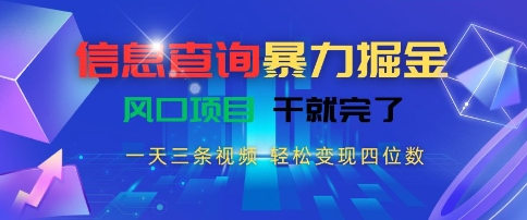 信息查询暴力掘金，一天三条视频，轻松变现四位数，风口项目干就完了【揭秘】-致富学堂
