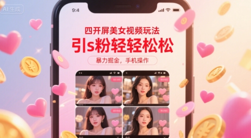 四开屏美女视频玩法，引s粉轻轻松松，暴力掘金，手机操作【揭秘】-致富学堂