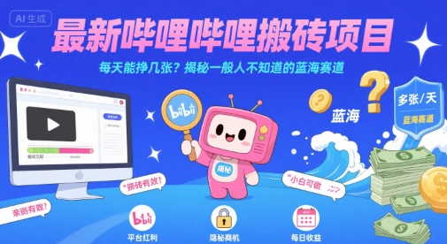 最新哔哩哔哩上B站搬砖项目，每天能挣几张？揭秘一般人不知道的蓝海赛道-致富学堂