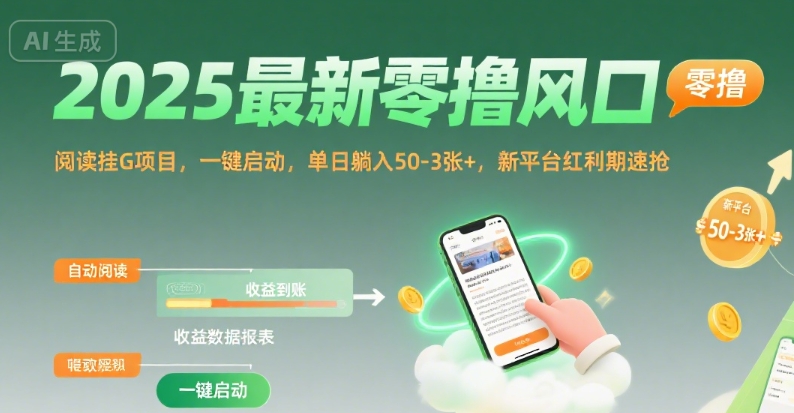 2025最新零撸风口，阅读挂G项目，一键启动，单日躺入 50-3张+，新平台红利期速抢【揭秘】-致富学堂