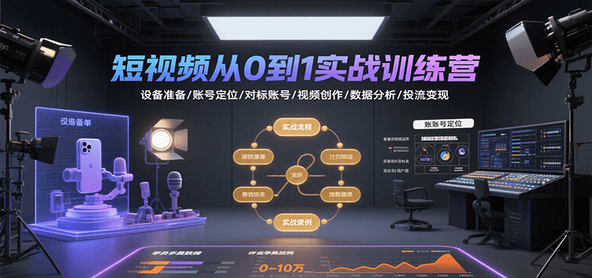 短视频从0到1实战训练营：设备准备/账号定位/对标账号/视频创作/数据分析/投流变现-致富学堂