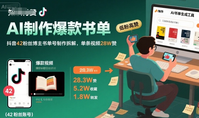 AI制作爆款书单，抖音42粉丝博主书单号制作拆解，单条视频28W赞-致富学堂