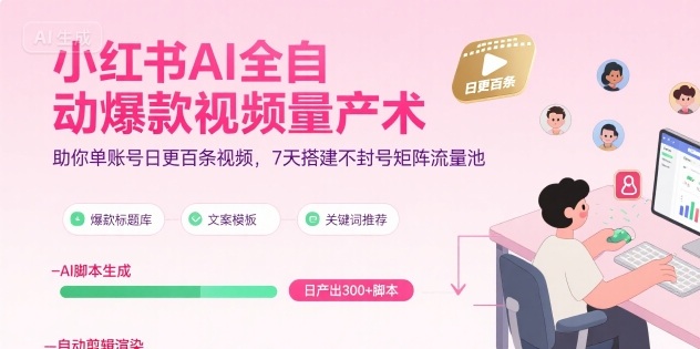 小红书AI全自动爆款视频量产术，助你单账号日更百条视频，7天搭建不封号矩阵流量池-致富学堂