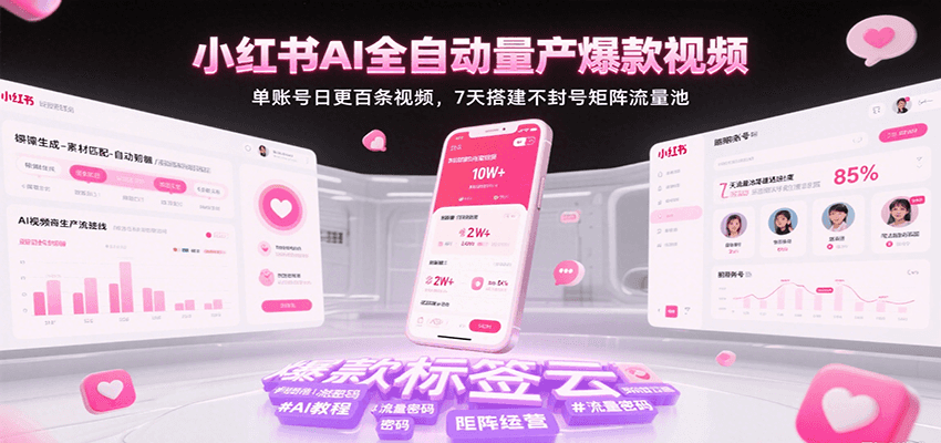 小红书AI全自动量产爆款视频，单账号日更百条视频，7天搭建不封号矩阵流量池-致富学堂