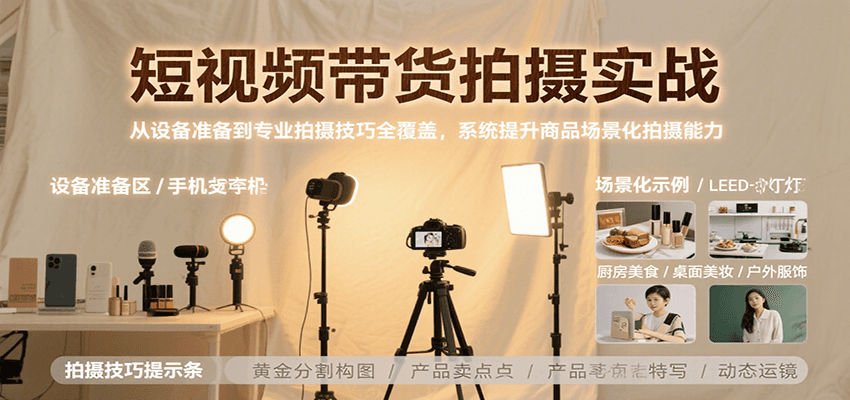 短视频带货拍摄实战，从设备准备到专业拍摄技巧全覆盖，系统提升商品场景化拍摄能力-致富学堂