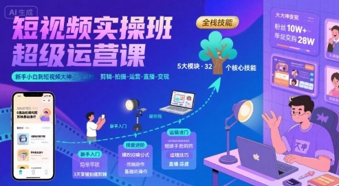 短视频实操班超级运营课，新手小白到短视频大神必修课程，剪辑-拍摄-运营-直播-变现-致富学堂