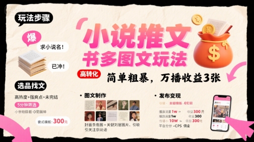 小说推文小红书多图文玩法，简单粗暴，万播收益3张-致富学堂