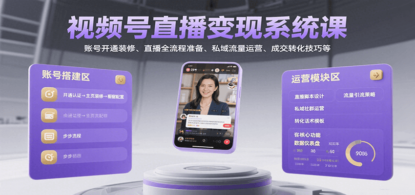 视频号直播变现系统课，账号开通装修、直播全流程准备、私域流量运营、成交转化技巧等-致富学堂