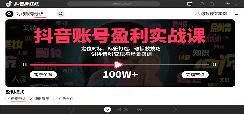 抖音账号盈利实战课，定位对标、标签打造、破播放技巧，讲涨粉变现与场景搭建-致富学堂