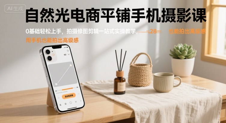 自然光电商平铺手机摄影课，0基础轻松上手，拍摄修图剪辑一站式实操教学，用手机也能拍出高级感-致富学堂