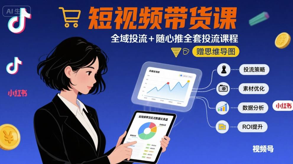 最新短视频带货课，全域投流+随心推全套投流课程+思维导图-致富学堂