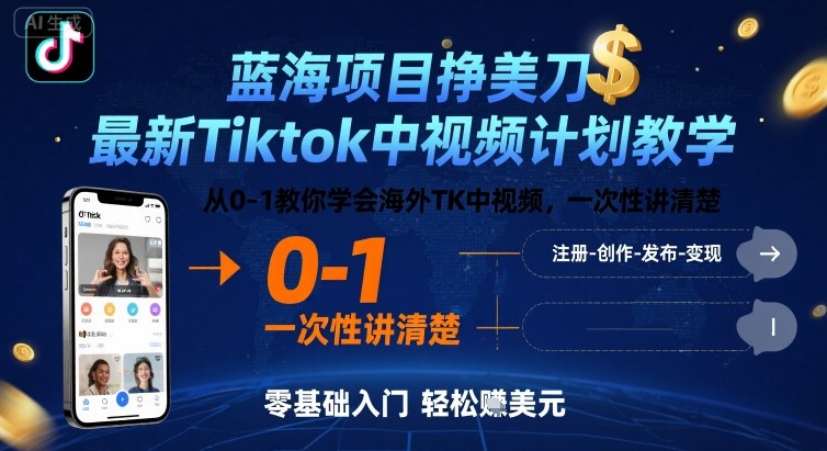 蓝海项目挣美刀，最新Tiktok中视频计划教学，从0-1教你学会海外TK中视频，一次性讲清楚-致富学堂