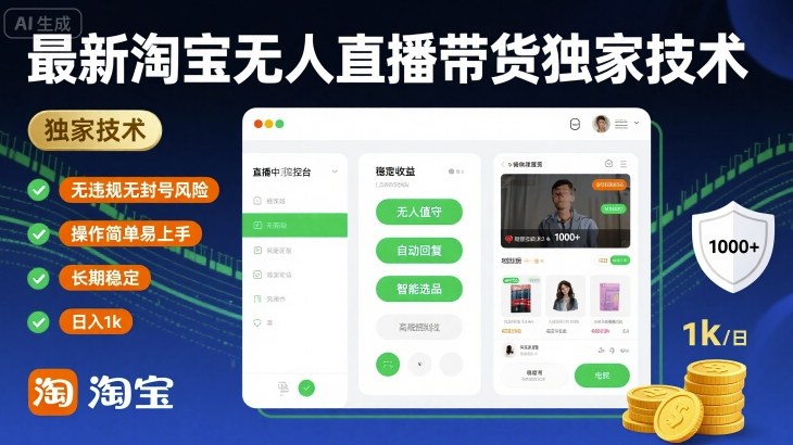 最新淘宝无人直播带货独家技术，无违规无封号风险，操作简单易上手，长期稳定日入1k【揭秘】-致富学堂