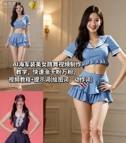 AI海军装美女跳舞视频制作教学，快速涨千粉万粉，视频教程+提示词(绘图词、动作词)-致富学堂