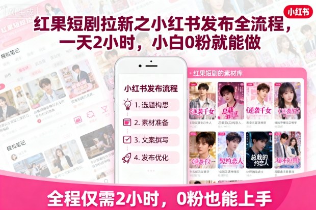 红果短剧拉新之小红书发布全流程，一天2小时，小白0粉就能做-致富学堂