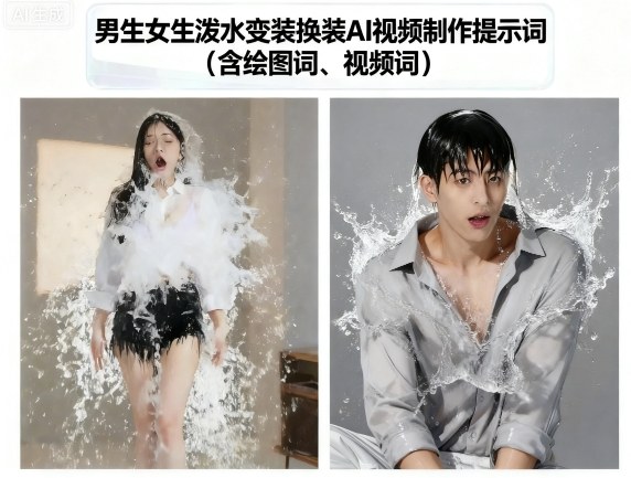 男生女生泼水变装换装AI视频制作提示词(含绘图词、视频词)-致富学堂