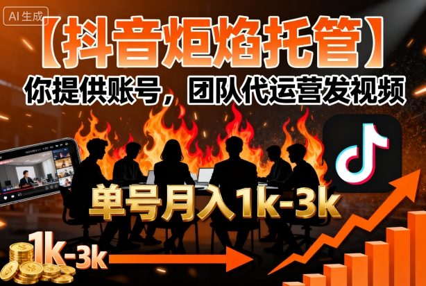 【抖音炬焰托管】你提供账号，团队代运营发视频，单号月入1k+【揭秘】-致富学堂