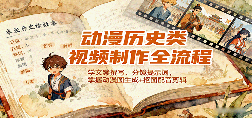 动漫历史类视频制作全流程，学文案撰写、分镜提示词，掌握动漫图生成+抠图配音剪辑-致富学堂