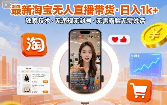 最新淘宝无人直播带货，日入1k+，独家技术，无违规无封号，无需露脸无需说话【揭秘】-致富学堂