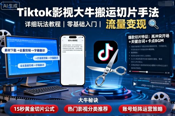 Tiktok影视大牛搬运切片手法，详细玩法教程-致富学堂