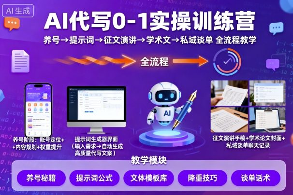 AI代写0-1实操训练营，从养号、提示词、征文演讲、学术文，到私域谈单的全流程教学-致富学堂