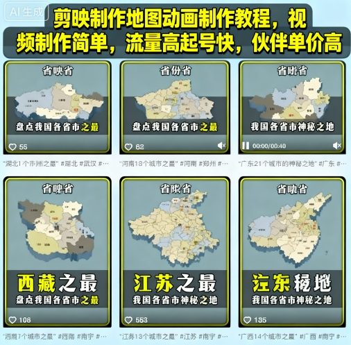 剪映制作地图动画制作教程，视频制作简单，流量高起号快，伙伴单价高-致富学堂