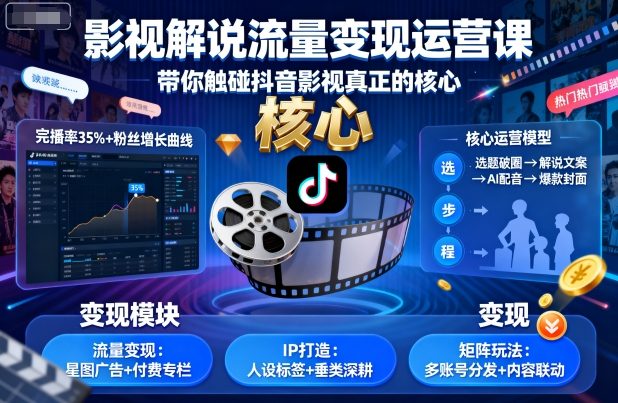 影视解说流量变现运营课，带你触碰抖音影视真正的核心-致富学堂