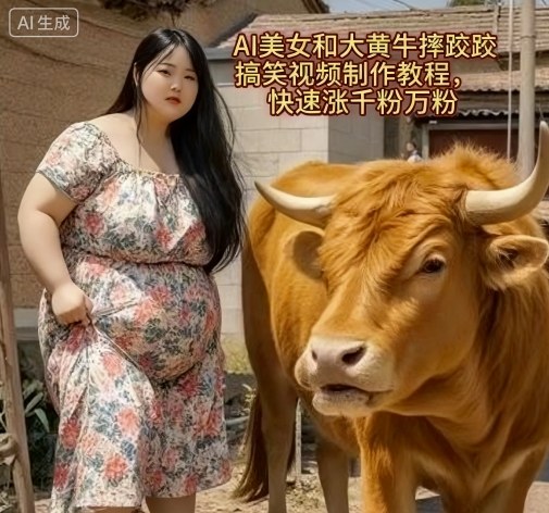 AI美女和大黄牛摔跤搞笑荒诞视频制作教程，快速涨千粉万粉-致富学堂