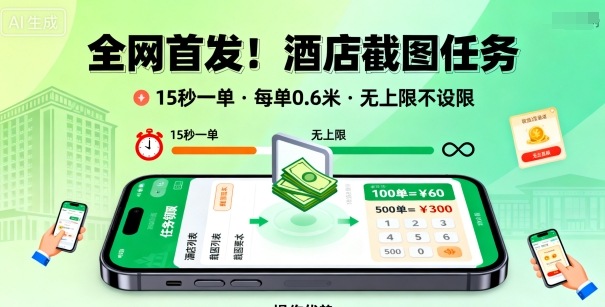 全网首发！酒店截图任务，15秒一单，每单0.6米，任务无上限不设限，矩阵操作单日3张到手【揭秘】-致富学堂