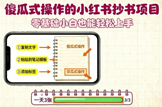 傻瓜式操作的小红书抄书项目，会复制粘贴就行，零基础小白也能一天3张-致富学堂