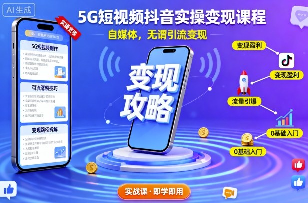 5G短视频抖音实操变现课程，自媒体，无谓引流变现-致富学堂