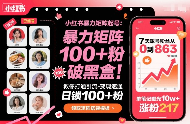 小红书暴力矩阵起号，教你打通引流-变现速通，日锁100+粉，破流量黑盒-致富学堂