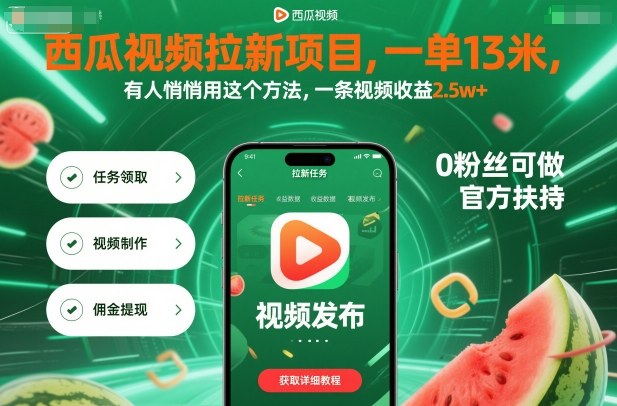 西瓜视频拉新项目，一单13米，有人悄悄用这个方法，一条视频收益2.5w+（附详细教程）-致富学堂