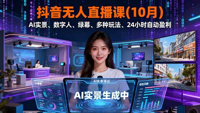（16355期）抖音无人直播课(10月)，AI实景、数字人、绿幕、多种玩法、24小时自动盈利-致富学堂